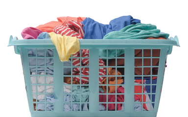 Plastic laundry basket full of clothes - obrazy, fototapety, plakaty
