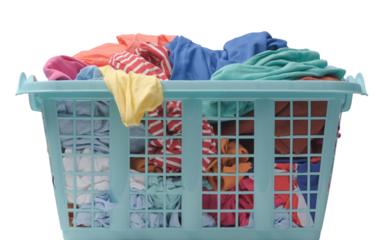 Plastic laundry basket full of clothes