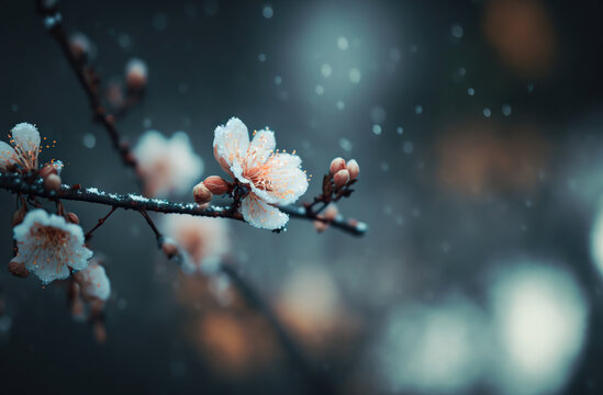 flowers in the snow,blooming tree