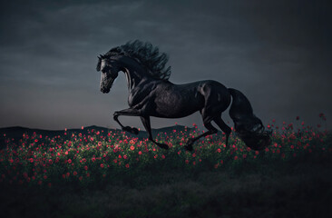 Fototapeta na wymiar black horse running,horse on the meadow