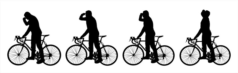 A man stands next to a bicycle, holding the bicycle by the handlebars. The man raised his hand to his face and peers into the distance. Side view, profile. Four black male silhouette isolated on white