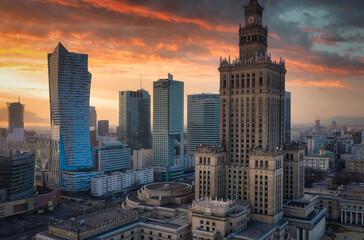 Beautiful cityscape of Warszawa at sunset, Poland.