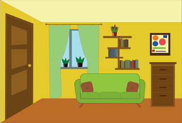 Yellow living room with green sofas and a shelf for books