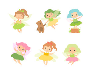 Fototapeta premium Little Fairy or Pixie with Wings as Woodland Nymph Vector Set