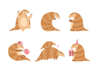 Pangolin or Scaly Anteater with Clawed Paw Engaged in Different Activity Vector Set
