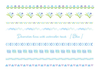 タイトルの装飾、花、花束、四角、三角、半円、幾何学模様のブルー系水彩タッチ素材