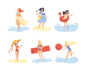 Young Woman at Sea Shore Sunbathing and Enjoying Summer Vector Set