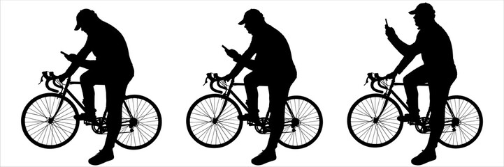 A cyclist reads, writes messages on his mobile phone, and takes pictures of himself while sitting on a bicycle. A guy in a cap sits on a bicycle frame. Three black male silhouettes isolated on white