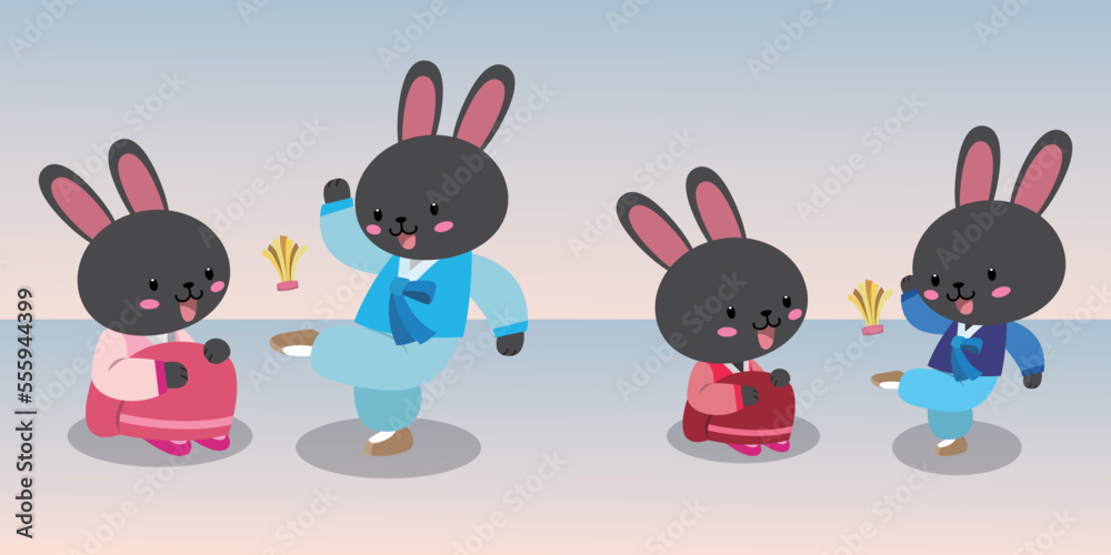 Wall mural Jegichagi is a traditional Korean game. A black rabbit wearing a hanbok kicks a jegi.