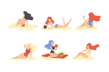 Young Woman at Sea Shore Sunbathing and Enjoying Summer Vector Set