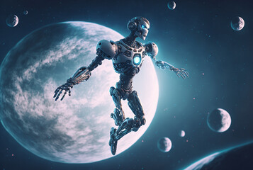 Obraz na płótnie Canvas Generative ai humanoid robot in outer space.
