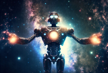 Fototapeta premium Generative ai humanoid robot in outer space.
