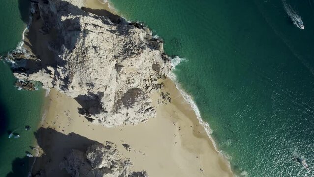 Aerial view of rock formation along the shoreline at Playa del Divorcio, Cabo San Lucas, Baja California, Mexico.