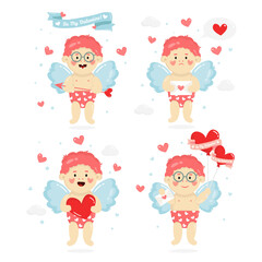 Amur babies. Funny cupid, little angels or amur. Cute little kids with hearts. Romantic vector characters. Cute kids with arrow and love letters. Happy valentines day