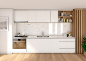 Interior of a kitchen seen from the front. Luminous image. Wooden floor, white furniture, marble counter tops and a wainscoting on the right side wall.