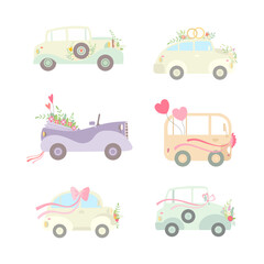 Vintage Car Decorated with Flowers and Ribbon as Wedding Retro Vehicle Vector Set