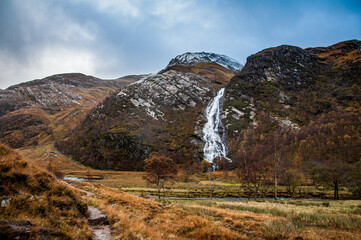 Landscape shot of the An Steall Falls in Glen Nevis near Fort William in the Scottish Highlands...