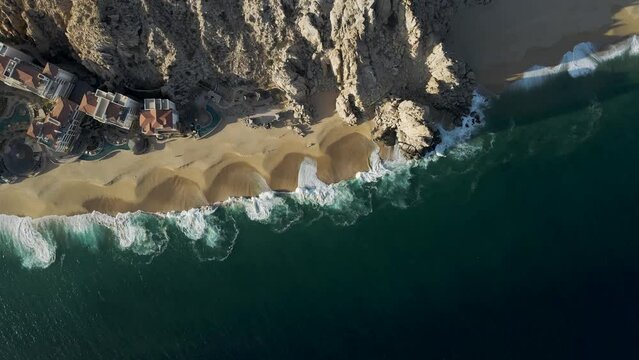 Aerial view of rock formation along the shoreline at Playa del Divorcio, Cabo San Lucas, Baja California, Mexico.