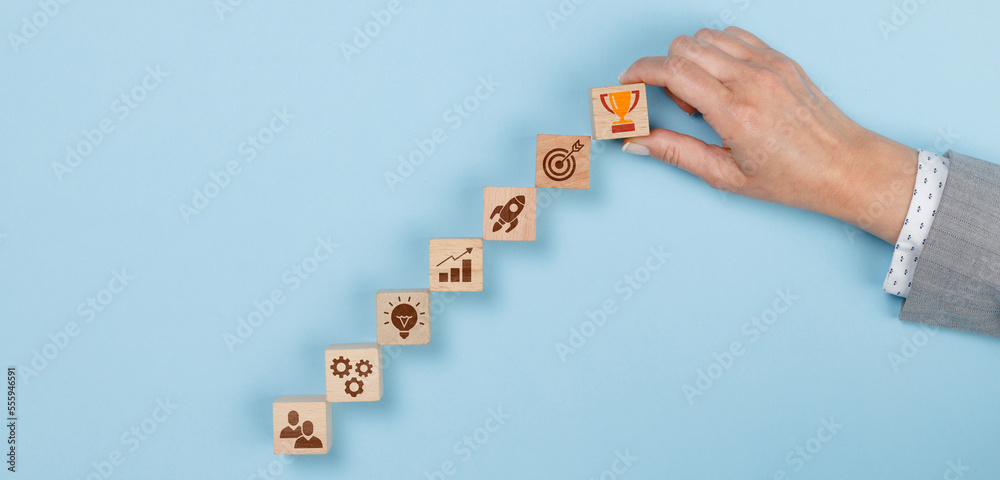 Wall mural success concept with business strategy symbols on wooden cubes.