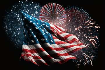 Fourth of July fireworks in the background of flying windy American flag