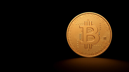 Bitcoin coins are set in front of a black screen. 3D Scene.