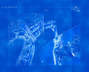 engagement rings made in gold pearls and diamonds close up view in architecture blue print sketch style