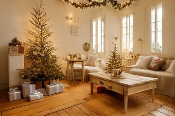 Fototapeta premium Cozy vintage Christmas holdiay decorated room with Christmas tree, fireplace, candles, toys, carpet and armchair.