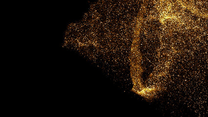 gold dust blown away by the wind and scattered. 3d illustration of gold particle