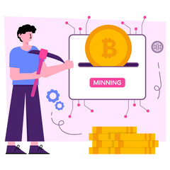 Conceptual flat design illustration of bitcoin mining 