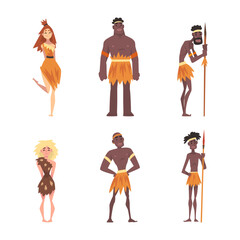 Primitive People Character from Stone Age and African Aboriginal Wearing Animal Skin and Straw Dress Vector Set