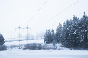 Winter landscape covered in snow and frost, highlands landscape with trees and meadows