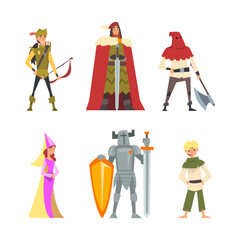 Medieval Knight with Sword, Robin Hood, Noble Man in Mantle, Peasant and Headsman Vector Set