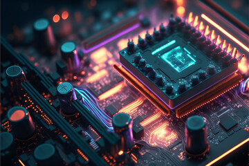 Bright neon lighting illuminates a complex none branded computer motherboard in this high-tech image. Perfect for any tech or computer-themed project.