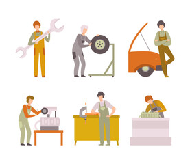Man Mechanic in Overall Maintaining and Repairing Machinery Vector Set