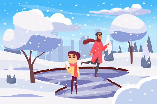 Winter concept with people scene in the background cartoon style. Mother and son are skating in the park during snowfall.