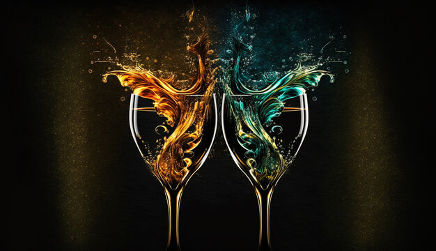 Abstract painting concept. Colorful art of two abstract glasses of champagne. Generative AI.