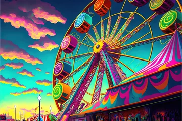 Deurstickers  a carnival ride with a ferris wheel and a carnival tent in the background at sunset or dawn with clouds. Generative AI © Oleg