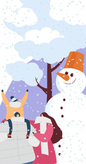 Happy winter holiday celebration, merry christmas card vector illustration. Cartoon people character at snow season card poster.