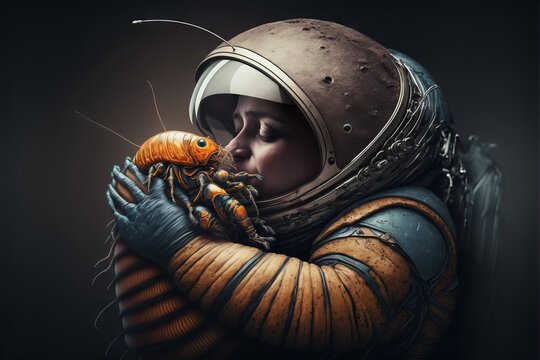 A space astronaut is cuddling and hugging his huge disgusting space cockroach pet. 