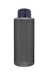Dark plastic bottle with a lid on a white background.