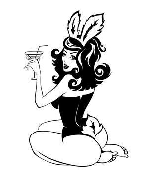 Sexy bunny girl with martini glass kneels. Vector in pinup style
