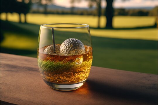  a glass of alcohol with a golf ball in it on a table outside with a golf course in the background. Generative AI