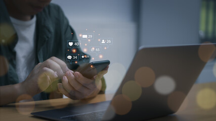 man using smartphone to communicate with people on social media , concept of using technology in marketing digital media usage working remotely through the internet