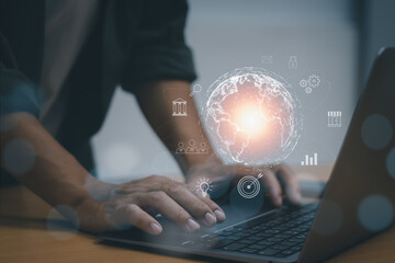 Businessman using a laptop computer Transaction with internet technology, global data access concept with wireless connection, document management , search, online marketing, big data