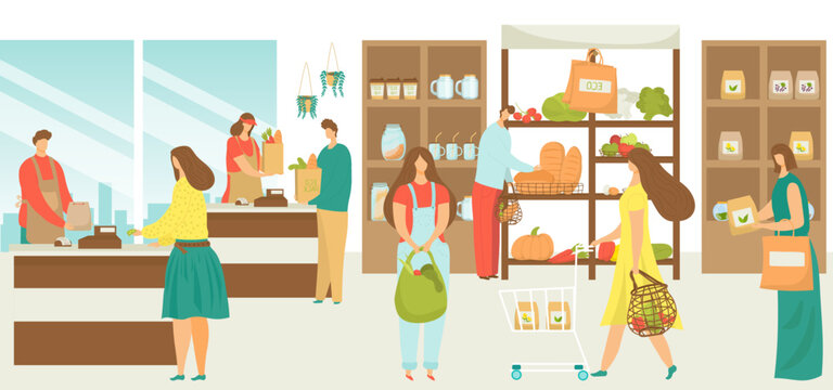 Eco market grocery with organic food and vegetable, cartoon people in store vector illustration. Flat retail sale, man woman character