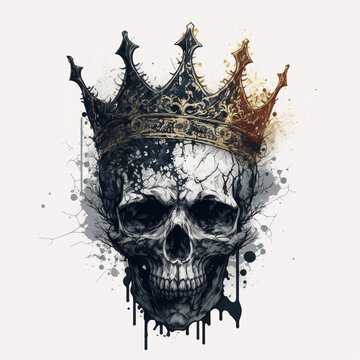 Skull in the crown. Drawing in mascara or watercolor. Logo or sketch for tattoos. AI generated Illustration