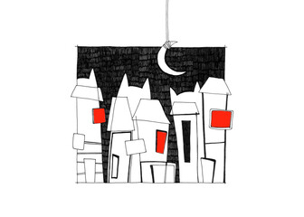 Night illustration poster with cats and houses. Doodle buildings in city. A cartoon style street with cute houses. Fantasy street with  cats silhouette art.