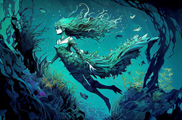 Fototapeta na wymiar mermaid with seaweed hairs underwater.Fantasy illustration anime manga.Digital art for game, novel, book, cartoon comics,