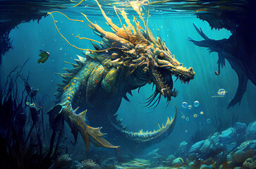 Fototapeta na wymiar Fantasy digital art illustration, Sea dragon monster underwater 3D rendered.game 3d character beast, Monster sea.