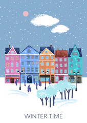 Obraz na płótnie Canvas Winter landscape with houses, snow, trees, clouds